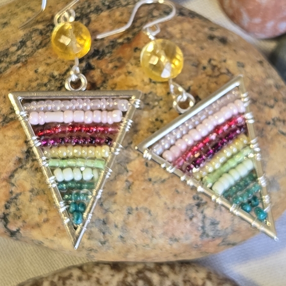 Vibrant Multicolor Beaded Triangle Earrings - Picture 4 of 6